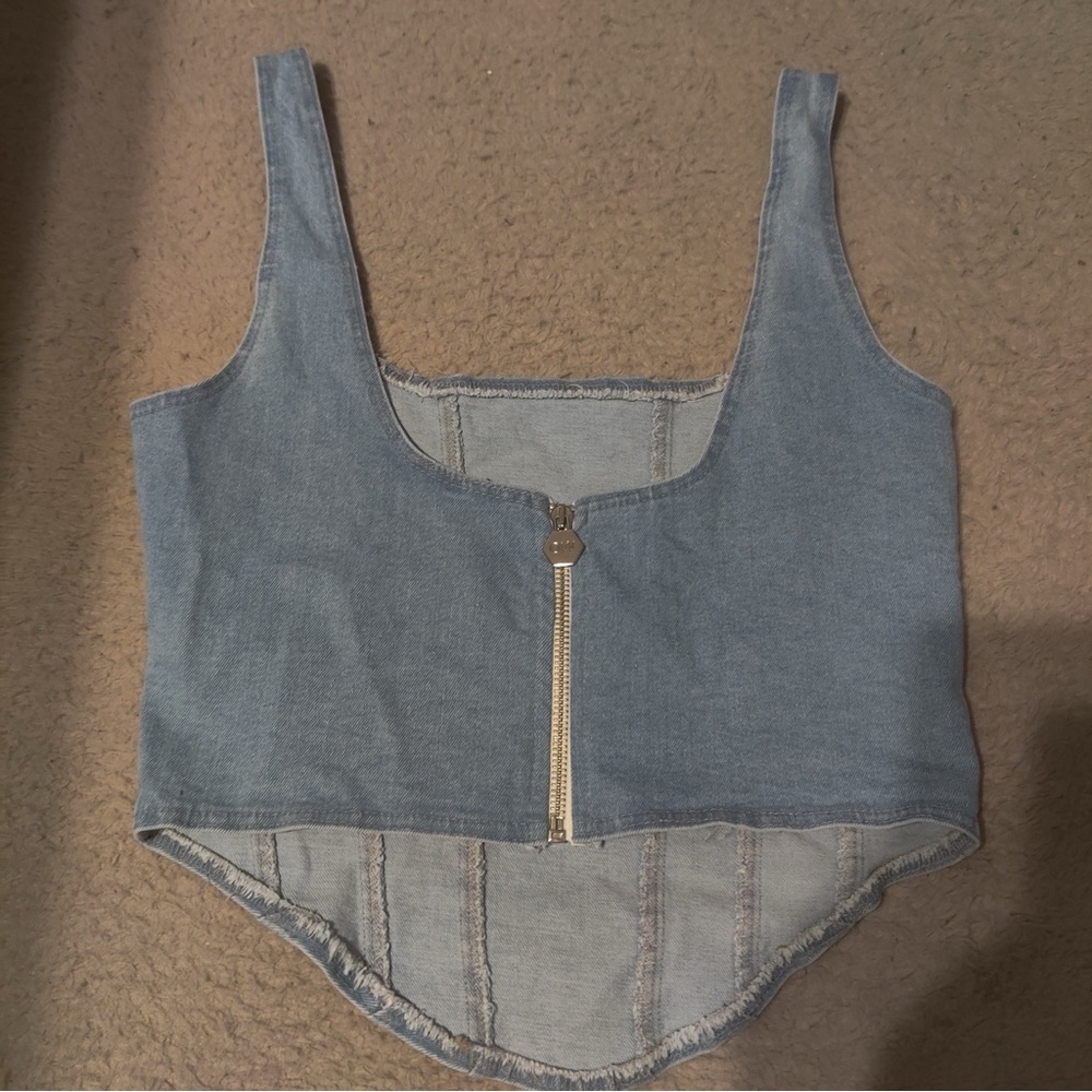 REVOLVE OW Collection Demi Blue Denim Tank Top Sleeveless Zipper Back Cropped - Picture 7 of 8